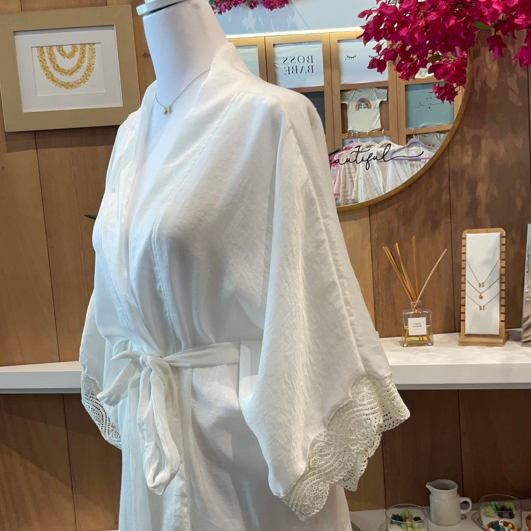 Long Kimono ~ White Bridal w/Lace - loveatdawn
