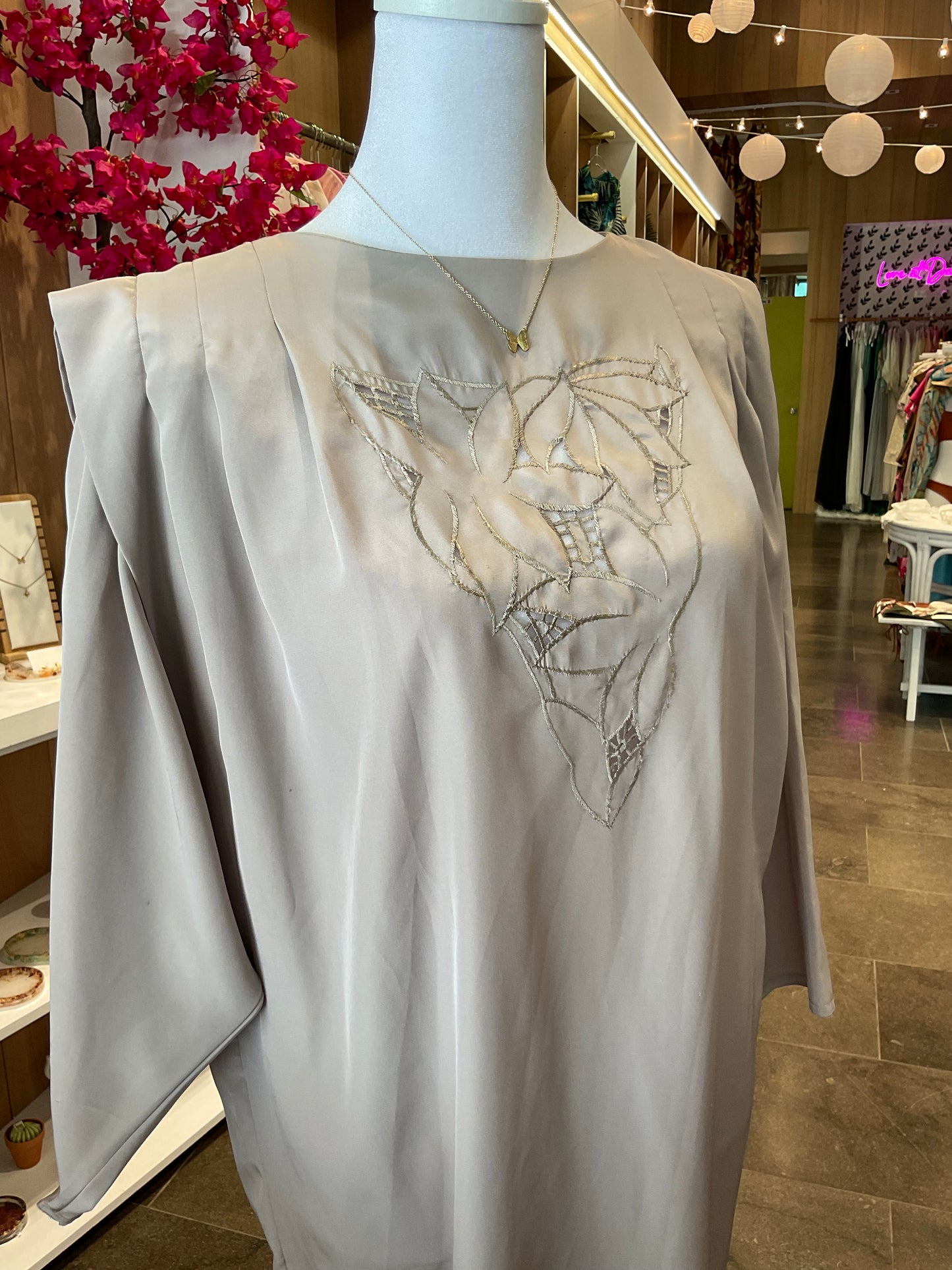 Vintage Dress ~ Taupe Embroidered Silk Dress